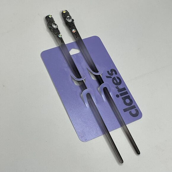 Y2K Claire's Black Silver Hair Chopsticks Accessories Fairy Goth Prom Deadstock - Picture 3 of 7